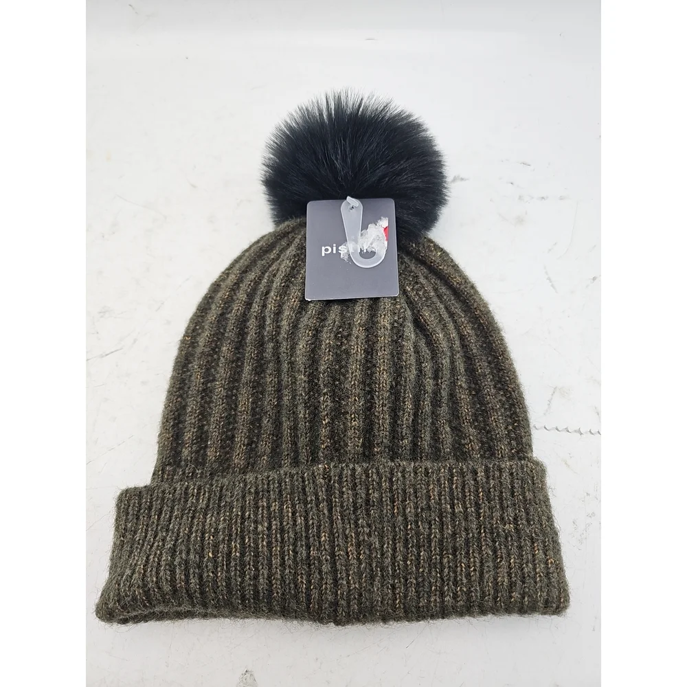Pistil Piper Olive Green Ribbed Beanie with Faux Fur Pom